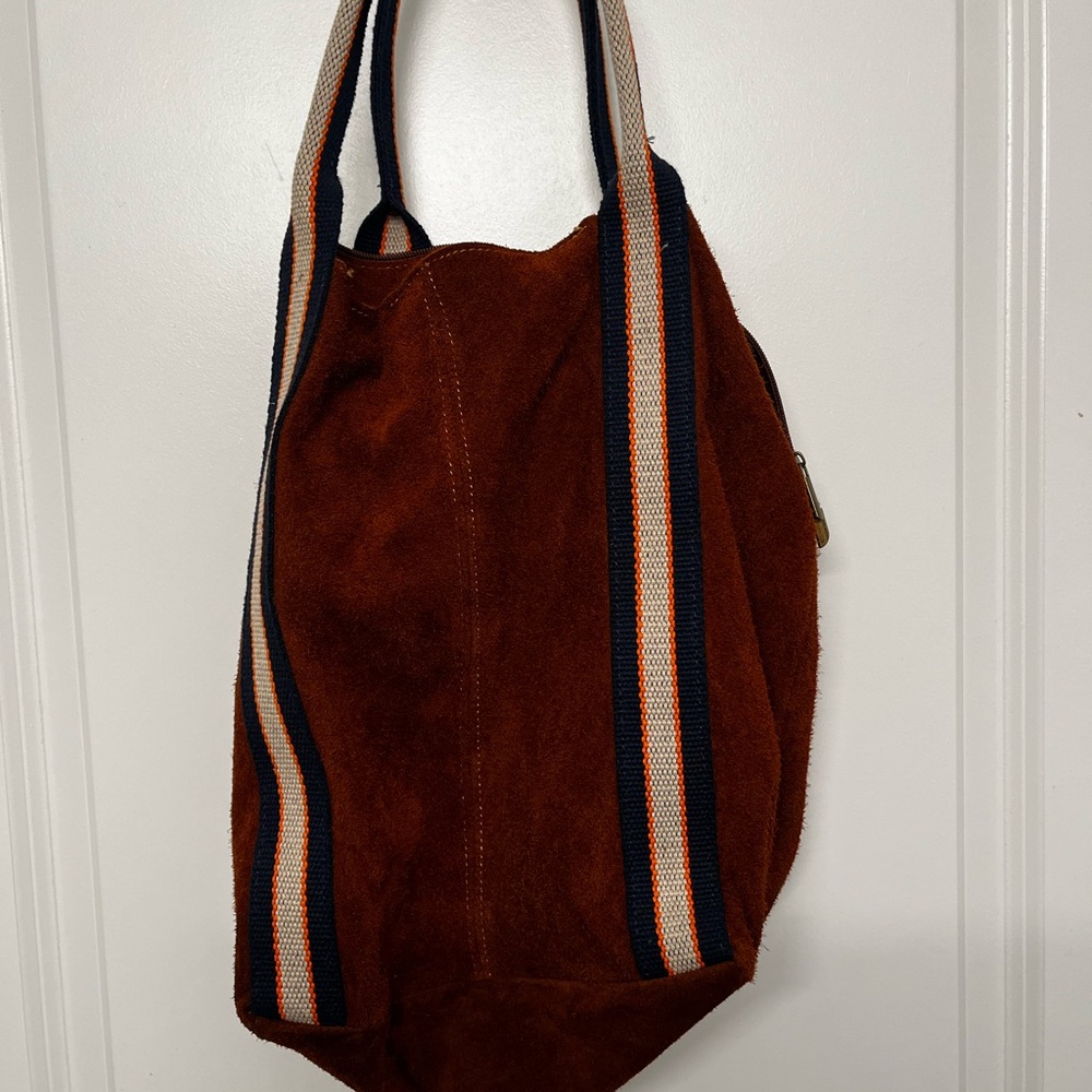 Genuine leather Stylish Brown Suede Duffel Bag with Striped Handles made in ITAL